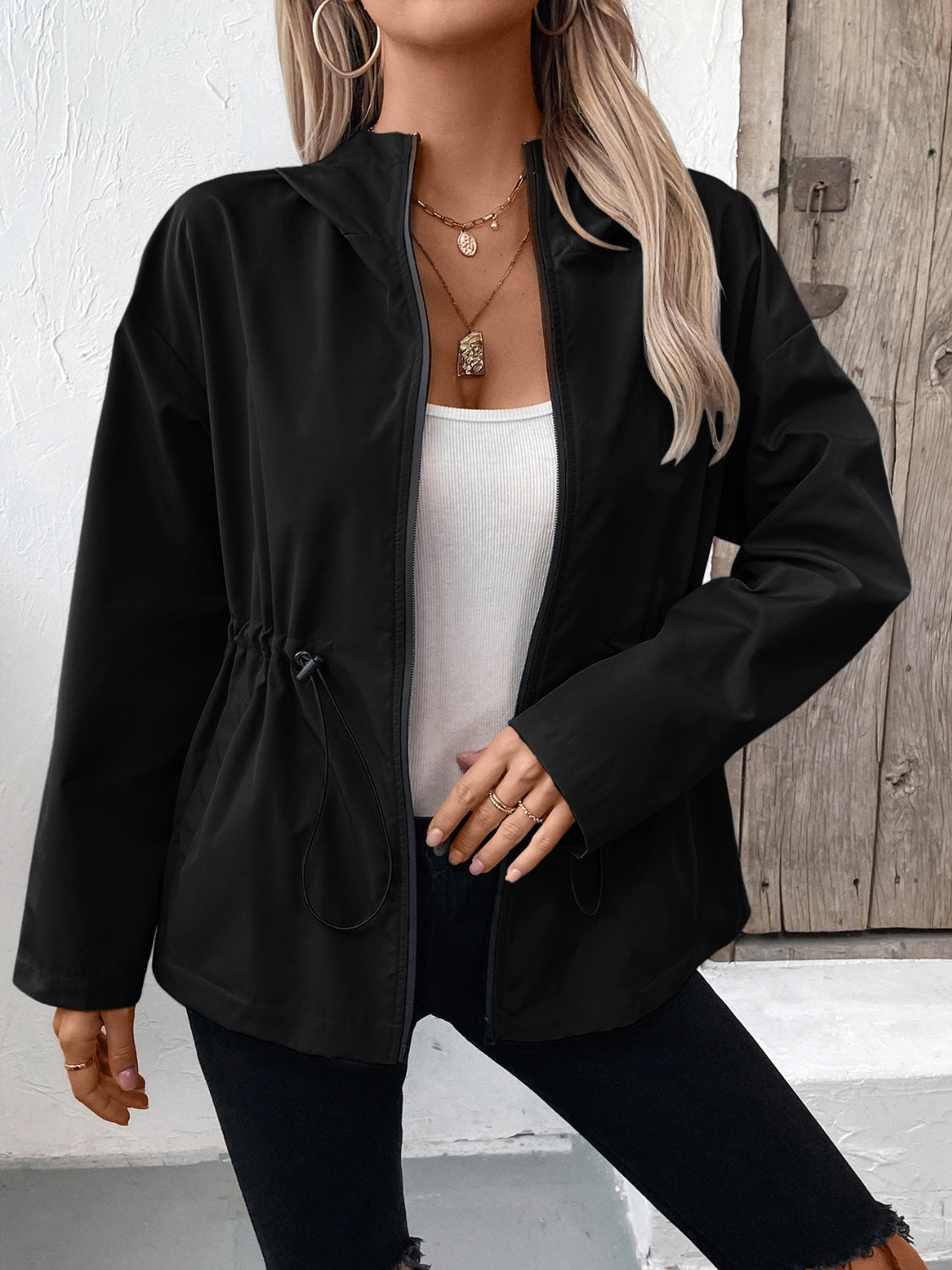 Get trendy with Drawstring Zip Up Hooded Jacket - Jacket available at Styles Code. Grab yours today!