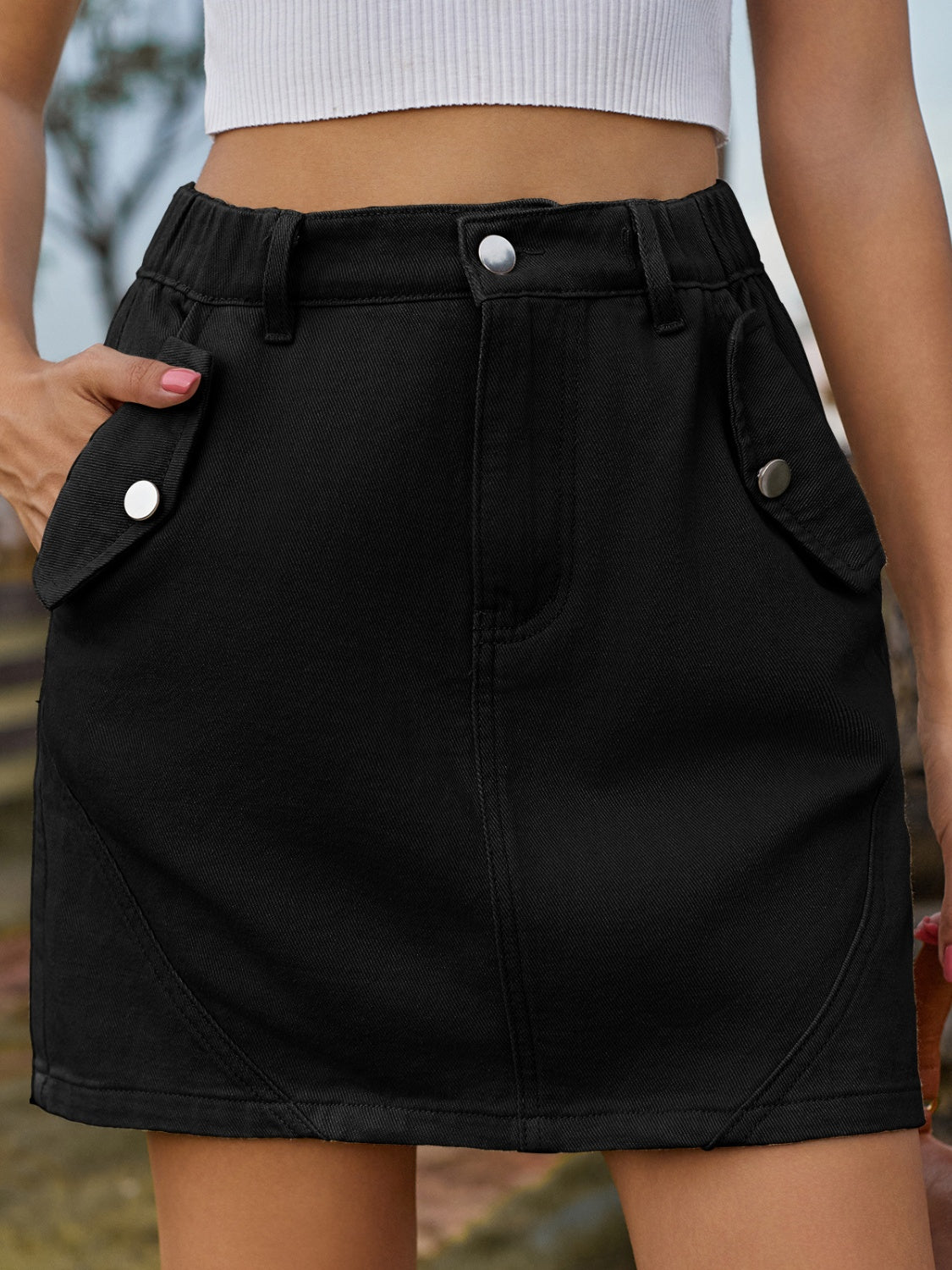 Get trendy with Pocketed Buttoned Mini Denim Skirt -  available at Styles Code. Grab yours today!