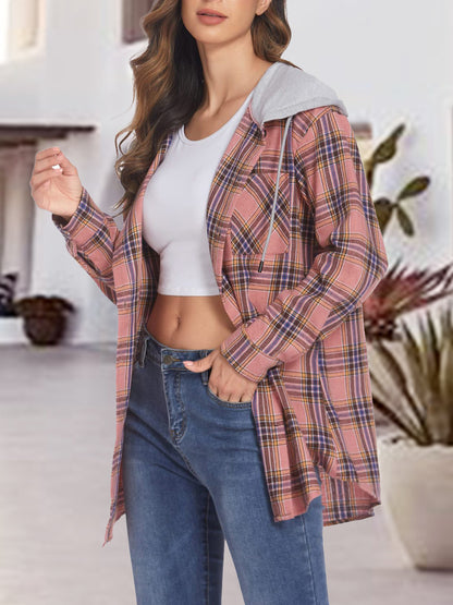 Get trendy with Plaid Drawstring Button Up Hooded Jacket - Jackets available at Styles Code. Grab yours today!