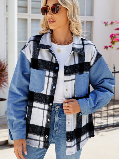 Get trendy with Pocketed Plaid Snap Down Denim Jacket - Denim Jacket available at Styles Code. Grab yours today!