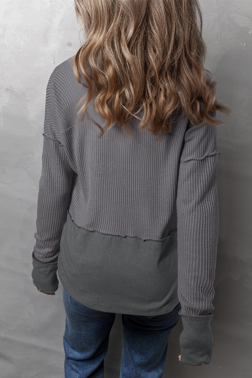 Get trendy with Waffle-Knit Exposed Seam Notched Long Sleeve Top -  available at Styles Code. Grab yours today!