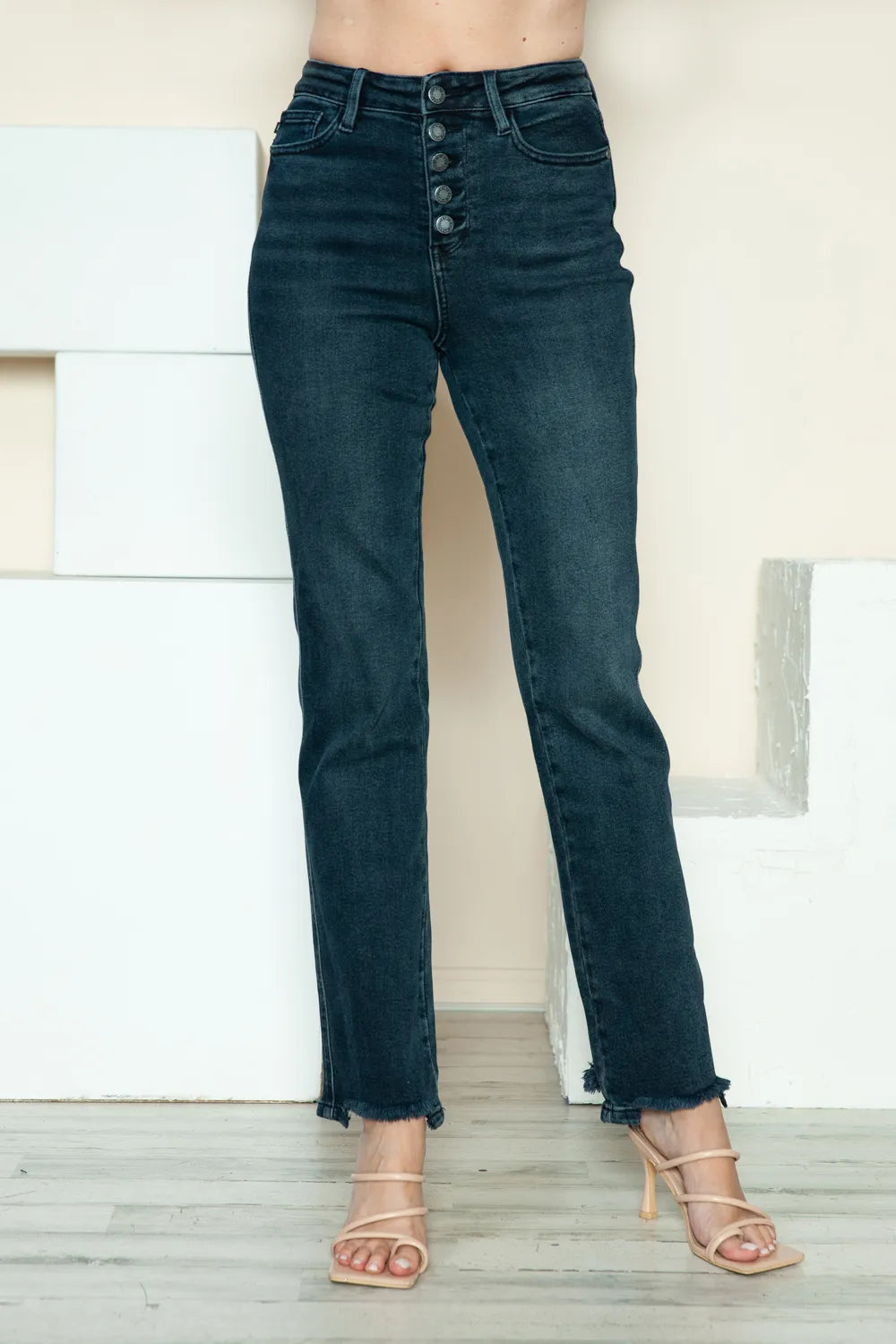 Get trendy with Button Fly Hem Straight Jeans - Jeans available at Styles Code. Grab yours today!