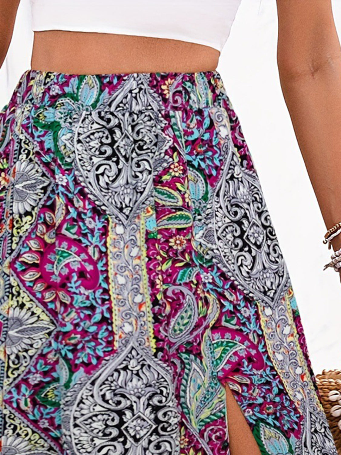 Get trendy with Slit Printed Elastic Waist Skirt - Skirts available at Styles Code. Grab yours today!