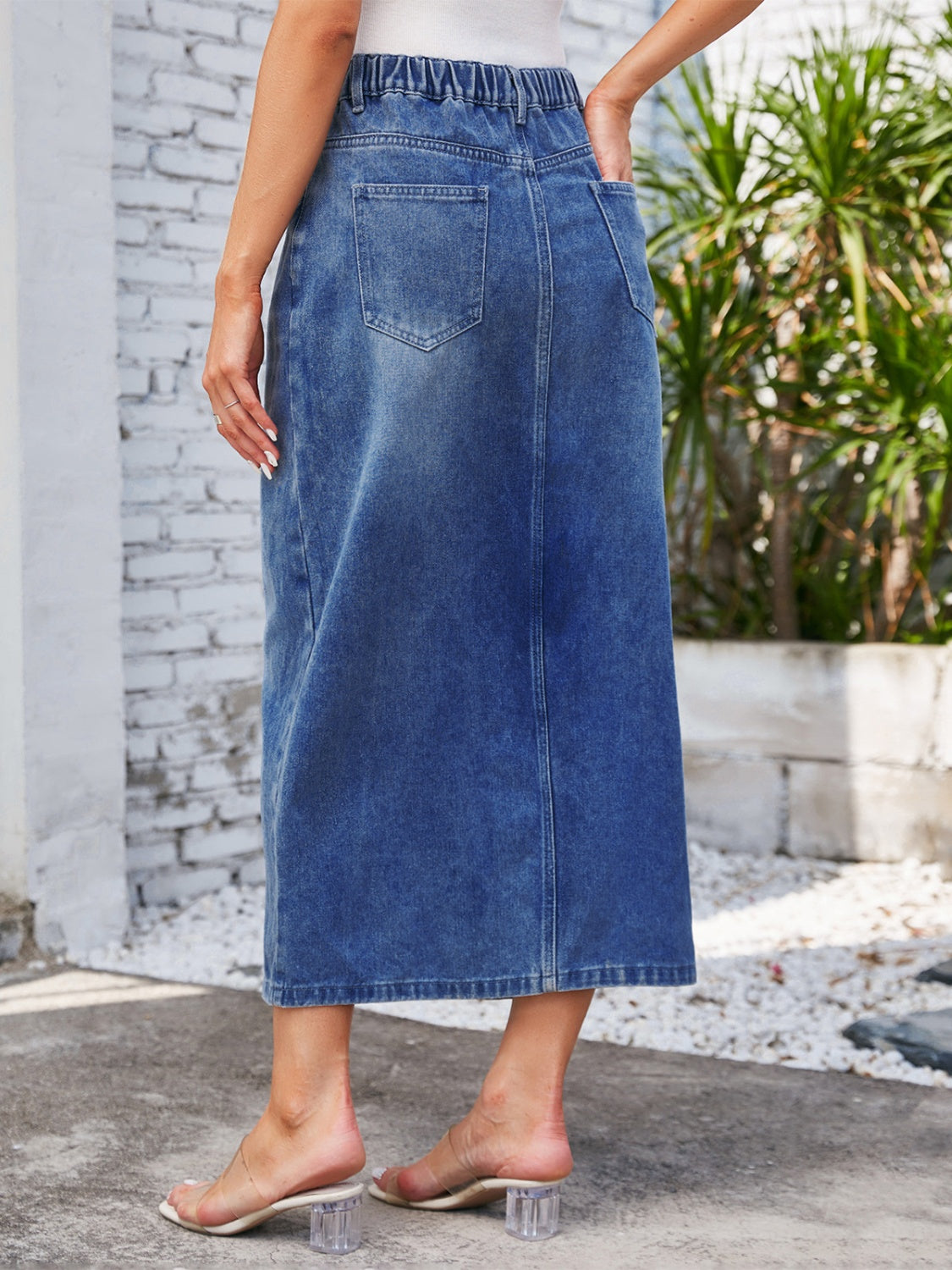 Get trendy with Slit Midi Denim Skirt with Pockets - Denim Dress available at Styles Code. Grab yours today!