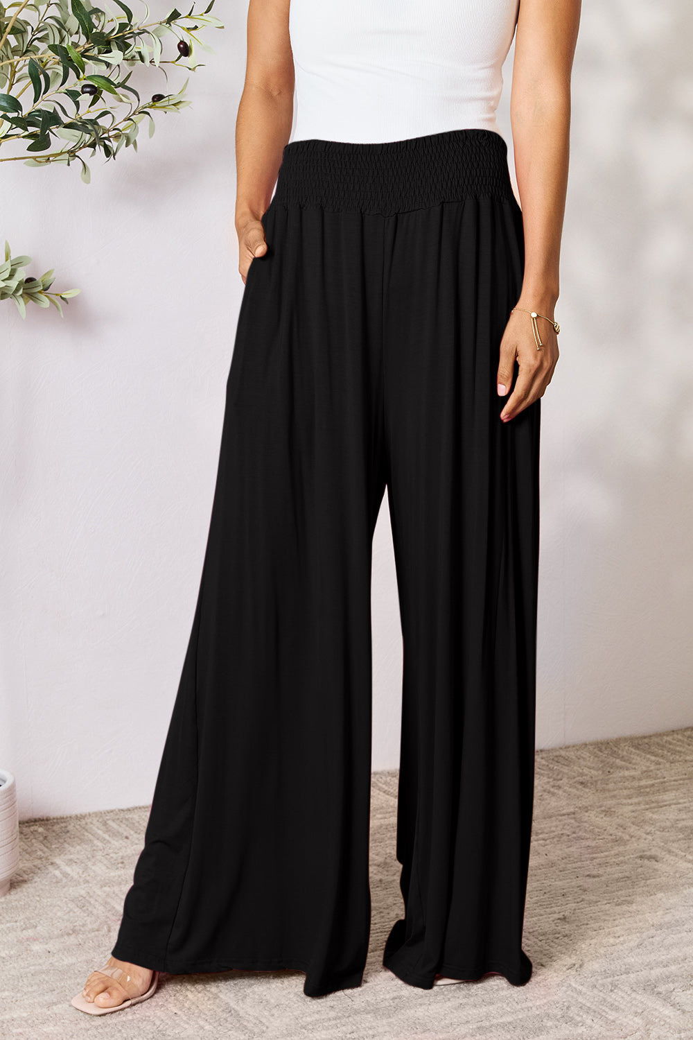 Get trendy with Full Size Smocked Wide Waistband Pants - Pants available at Styles Code. Grab yours today!