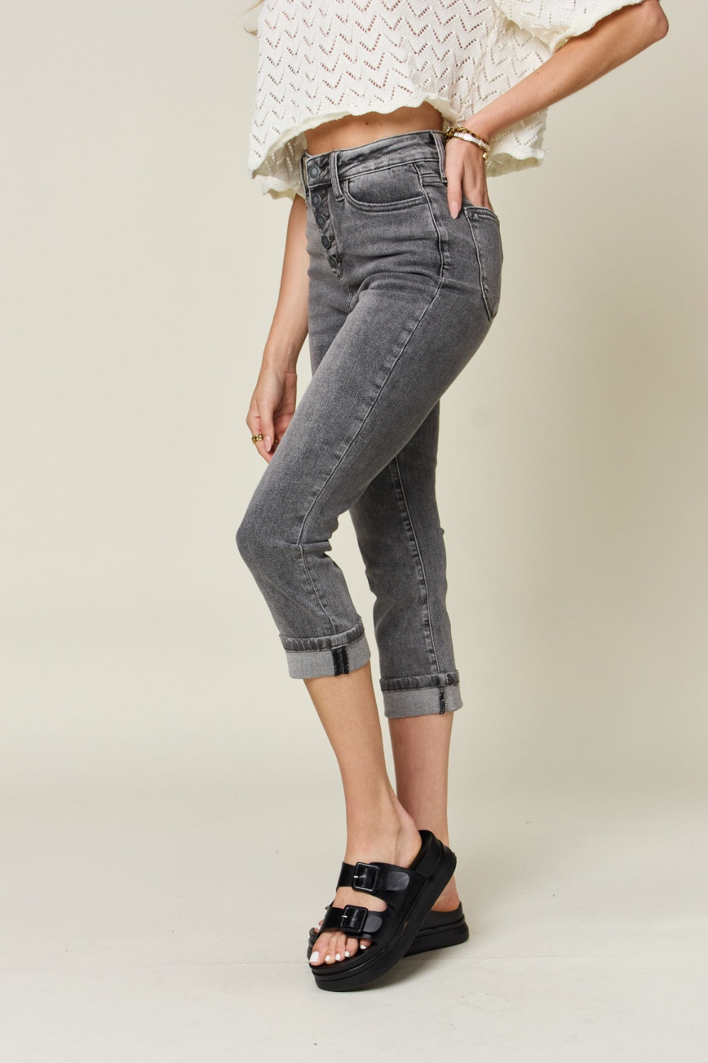 Get trendy with Judy Blue Full Size Button Fly High Waist Cuffed Capris - Jeans available at Styles Code. Grab yours today!