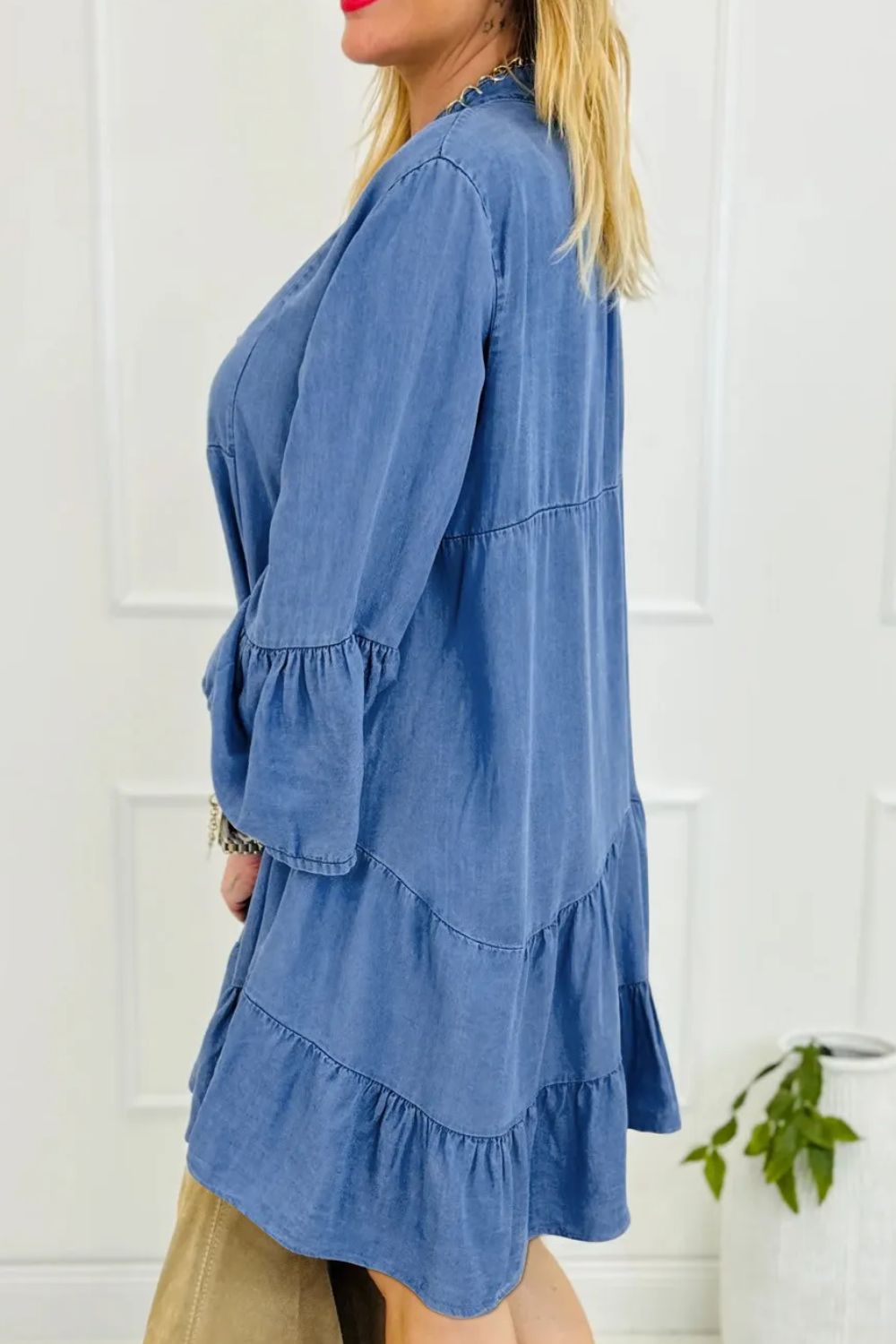 Get trendy with Notched Flare Sleeve Denim Dress - Denim Dress available at Styles Code. Grab yours today!