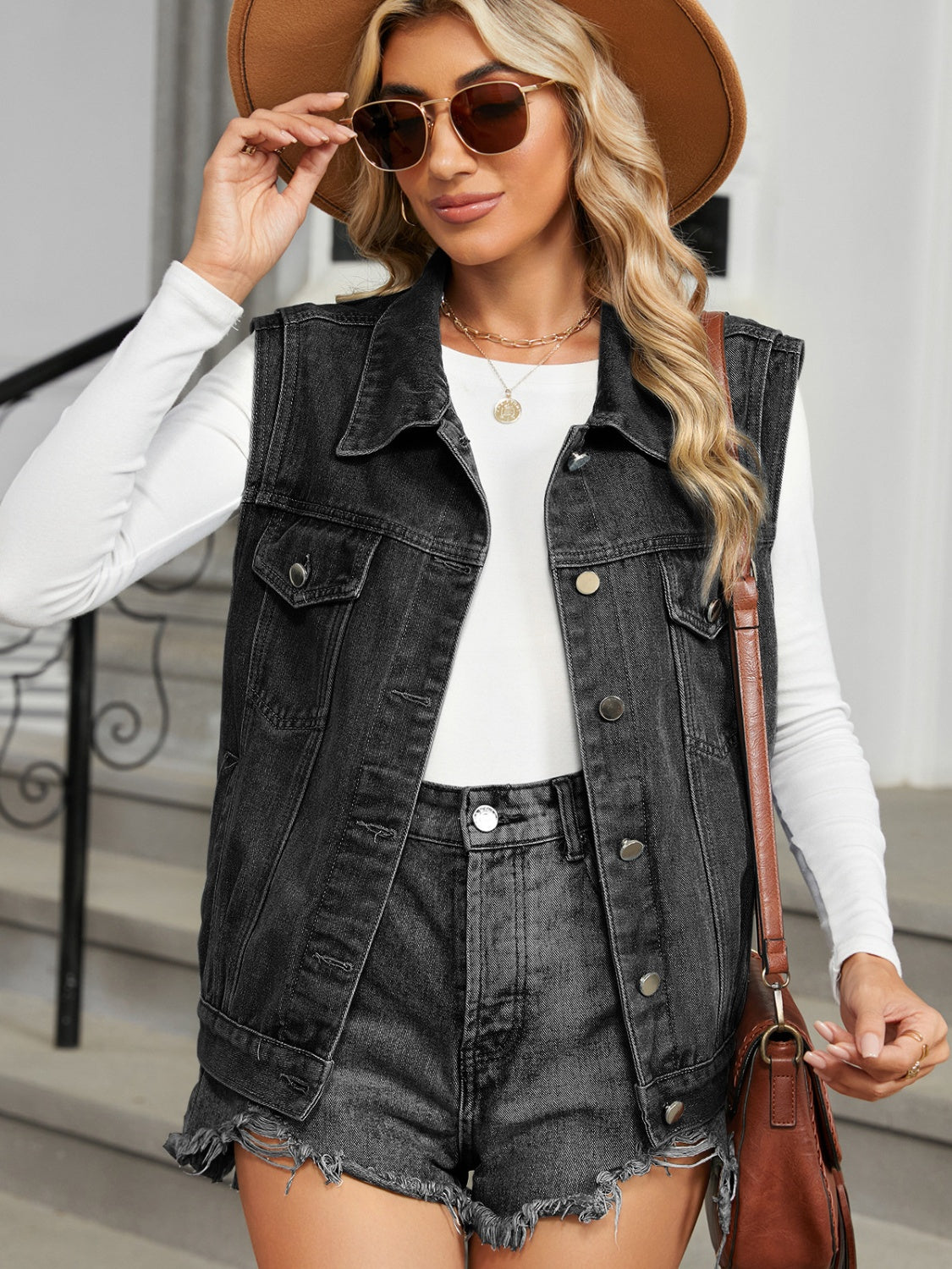 Get trendy with Pocketed Button Up Sleeveless Denim Jacket - Denim Jacket available at Styles Code. Grab yours today!