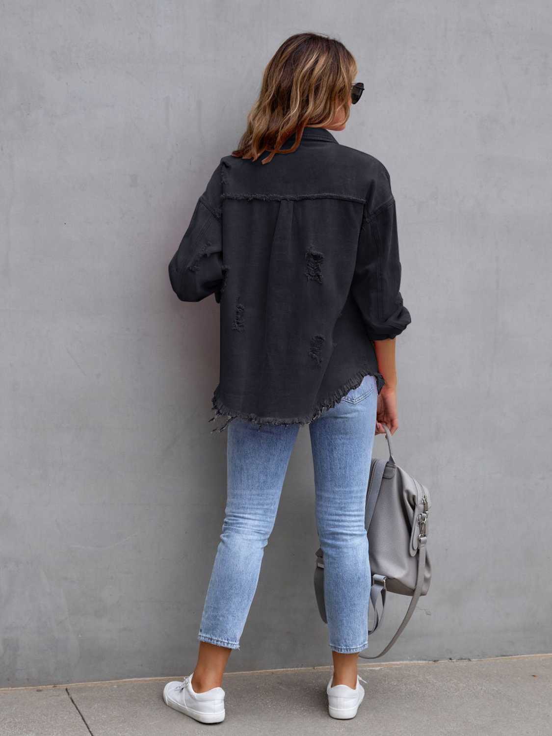 Get trendy with Distressed Drop Shoulder Denim Jacket - Denim Jacket available at Styles Code. Grab yours today!