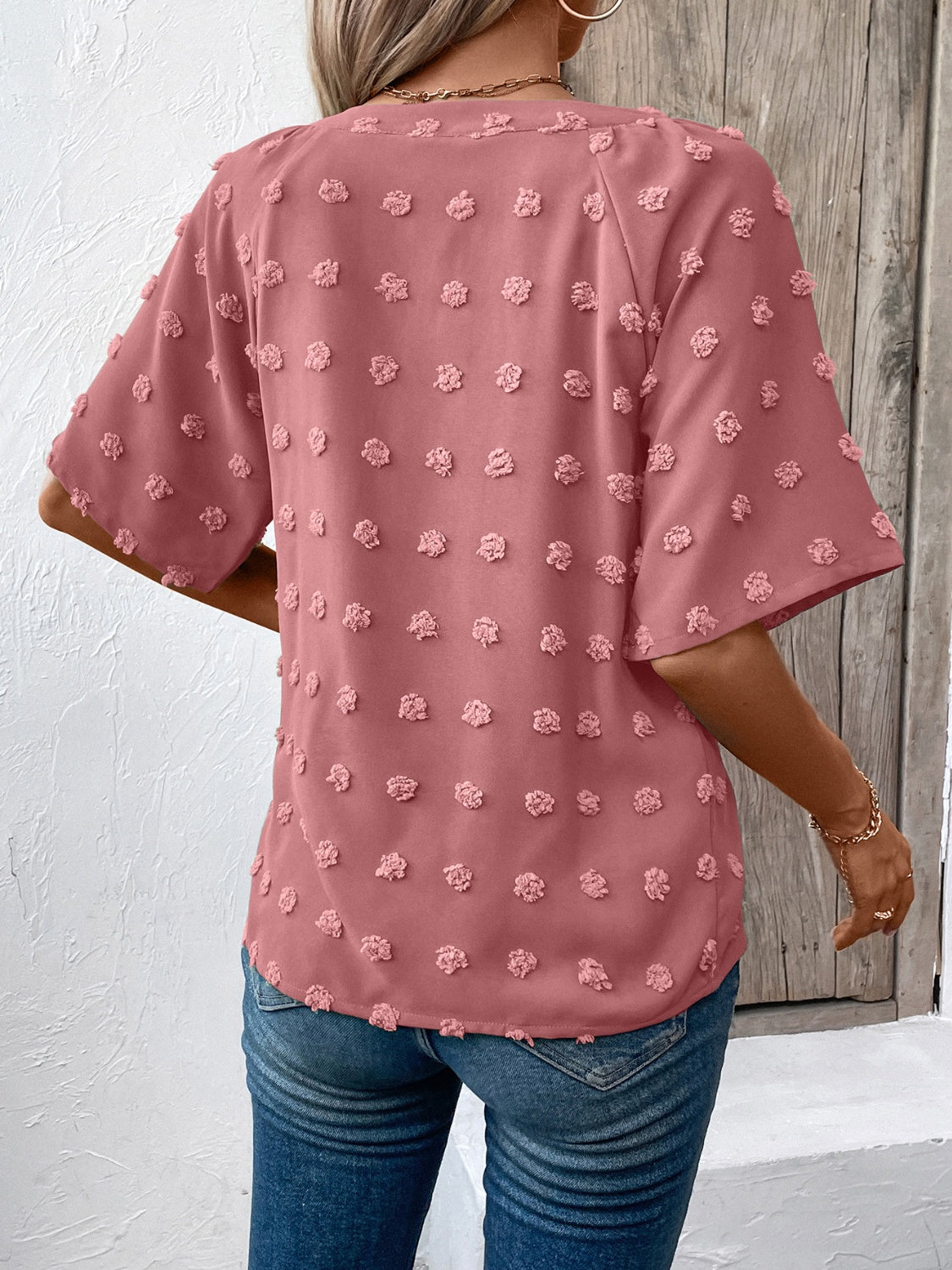 Get trendy with Swiss Dot Notched Half Sleeve Blouse - Blouse available at Styles Code. Grab yours today!