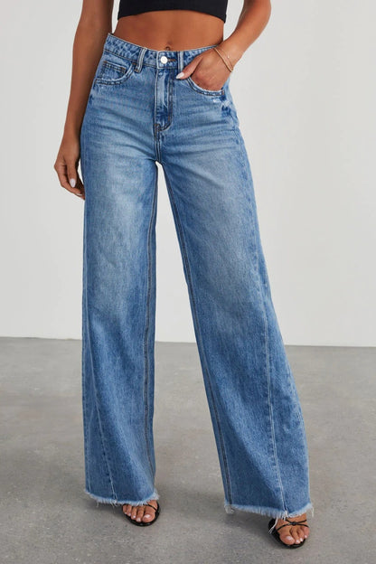 Get trendy with Raw Hem Wide Leg Jeans with Pockets - Jeans available at Styles Code. Grab yours today!