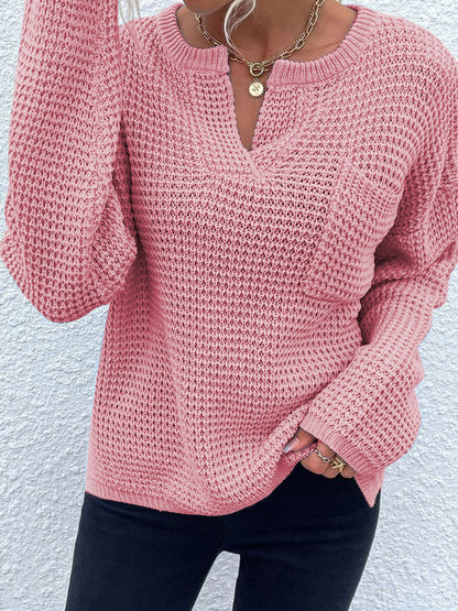 Get trendy with Notched Long Sleeve Sweater - Sweaters available at Styles Code. Grab yours today!