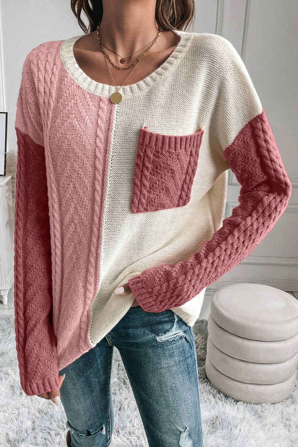 Get trendy with Color Block Round Neck Sweater - Sweaters available at Styles Code. Grab yours today!