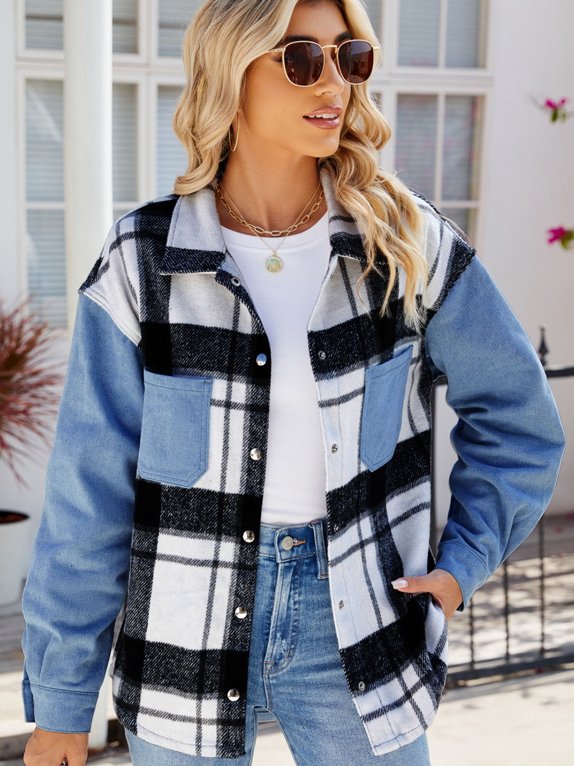 Get trendy with Pocketed Plaid Snap Down Denim Jacket - Denim Jacket available at Styles Code. Grab yours today!