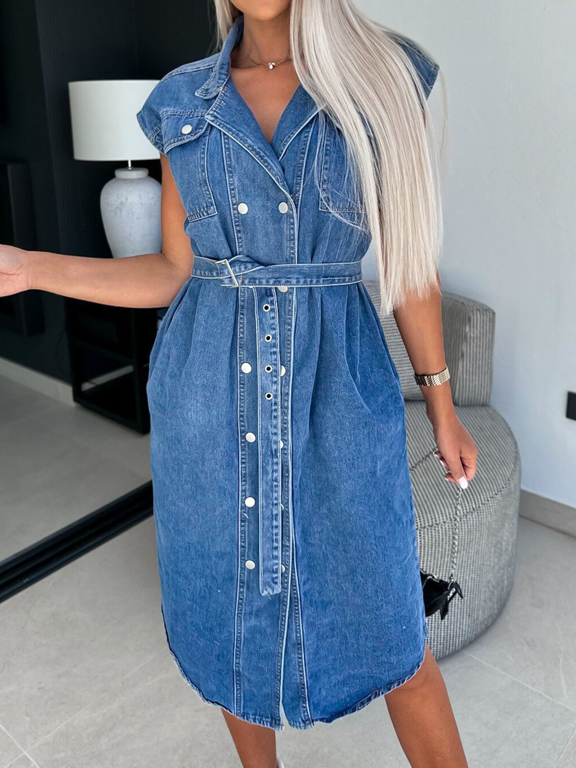 Get trendy with Collared Neck Cap Sleeve Denim Dress - Denim Dress available at Styles Code. Grab yours today!