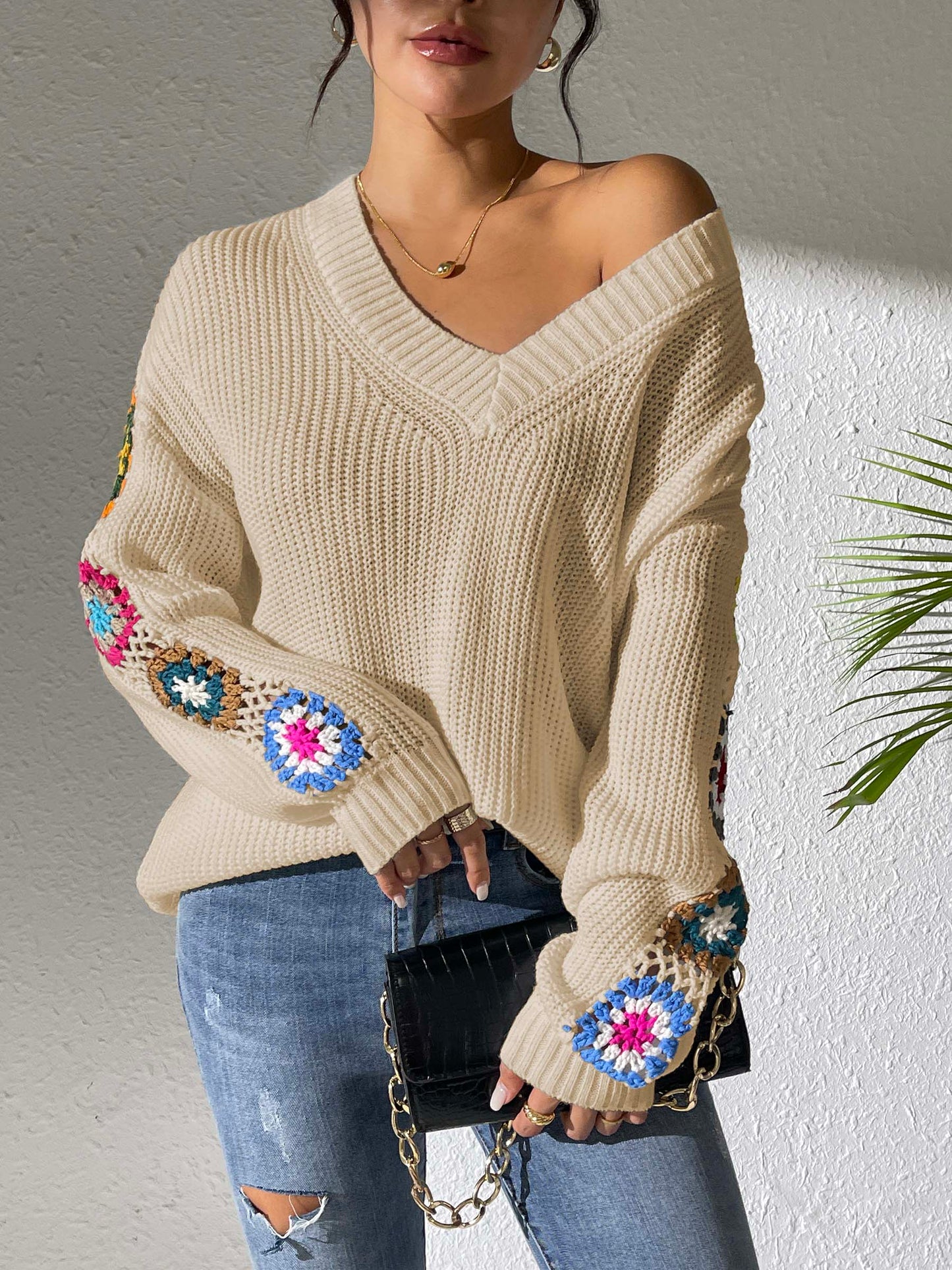 Get trendy with Crochet Flower V-Neck Sweater -  available at Styles Code. Grab yours today!