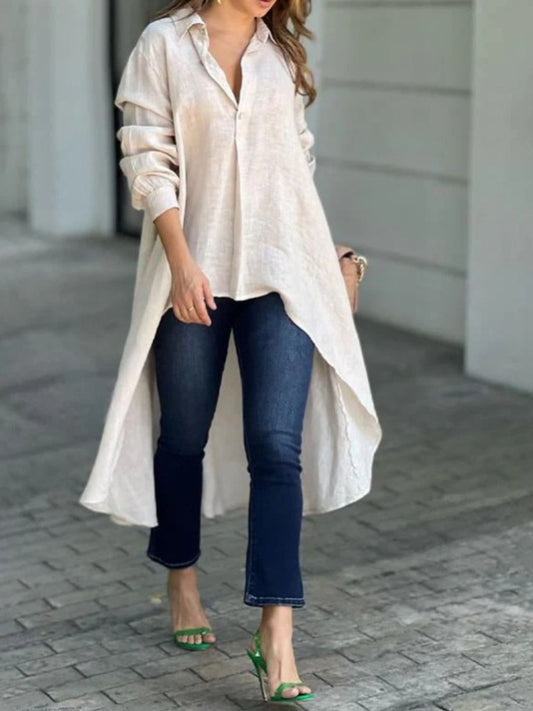 Get trendy with Full Size High-Low Collared Neck Long Sleeve Shirt -  available at Styles Code. Grab yours today!