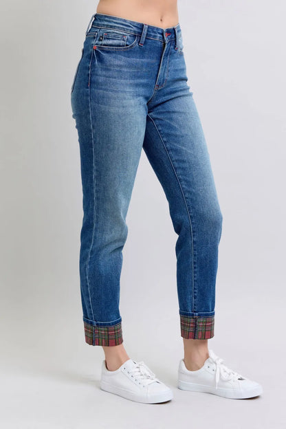 Get trendy with Plaid Print Cuff Straight Leg Jeans - Jeans available at Styles Code. Grab yours today!