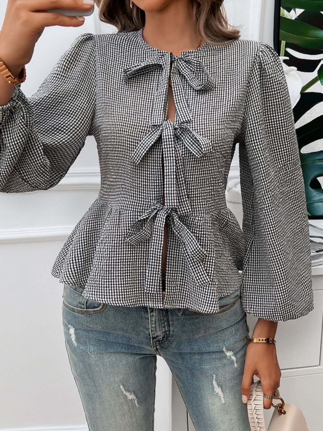 Get trendy with Devine Tied Round Neck Long Sleeve Blouse -  available at Styles Code. Grab yours today!