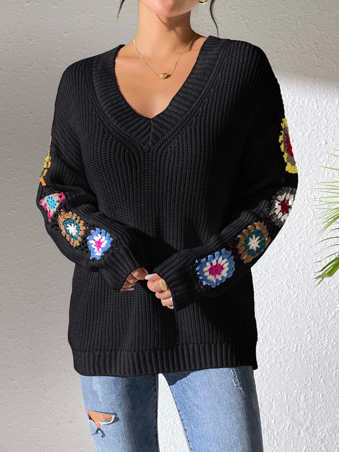 Get trendy with Crochet Flower V-Neck Sweater -  available at Styles Code. Grab yours today!