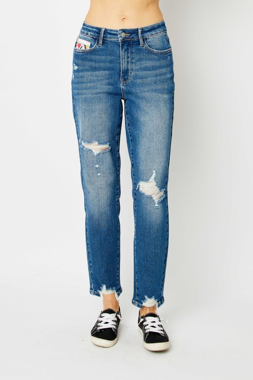 Get trendy with Judy Blue Full Size Queen Of Hearts Coin Pocket BF Jeans - Plus Size available at Styles Code. Grab yours today!