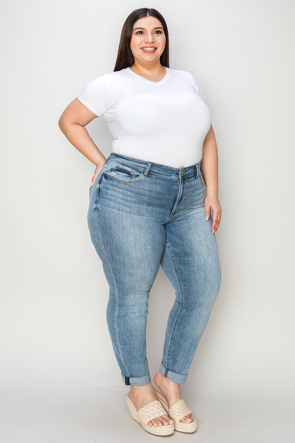 Get trendy with Judy Blue Full Size Cuffed Hem Slim Jeans -  available at Styles Code. Grab yours today!