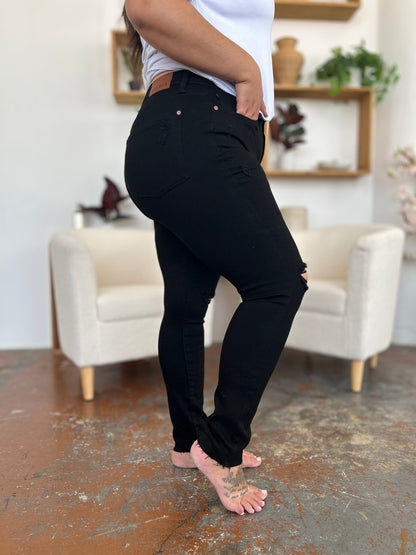 Get trendy with Judy Blue Full Size Distressed Tummy Control High Waist Skinny Jeans - Plus Size available at Styles Code. Grab yours today!