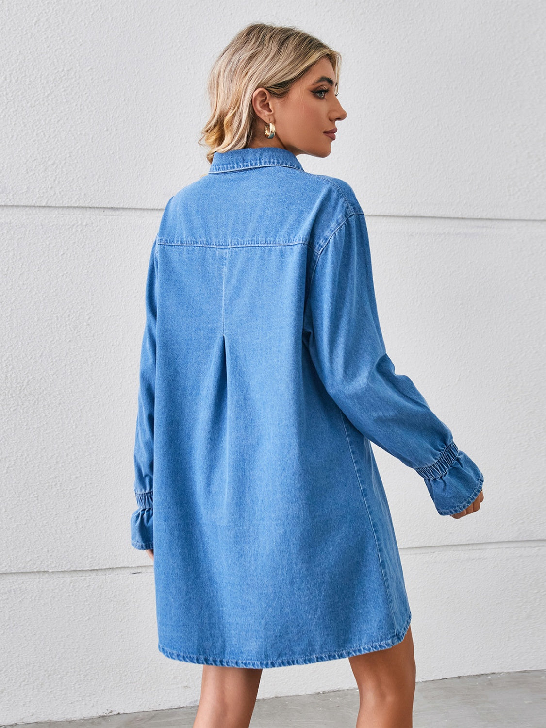 Get trendy with Pocketed Dropped Shoulder Mini Denim Dress - Denim Dress available at Styles Code. Grab yours today!