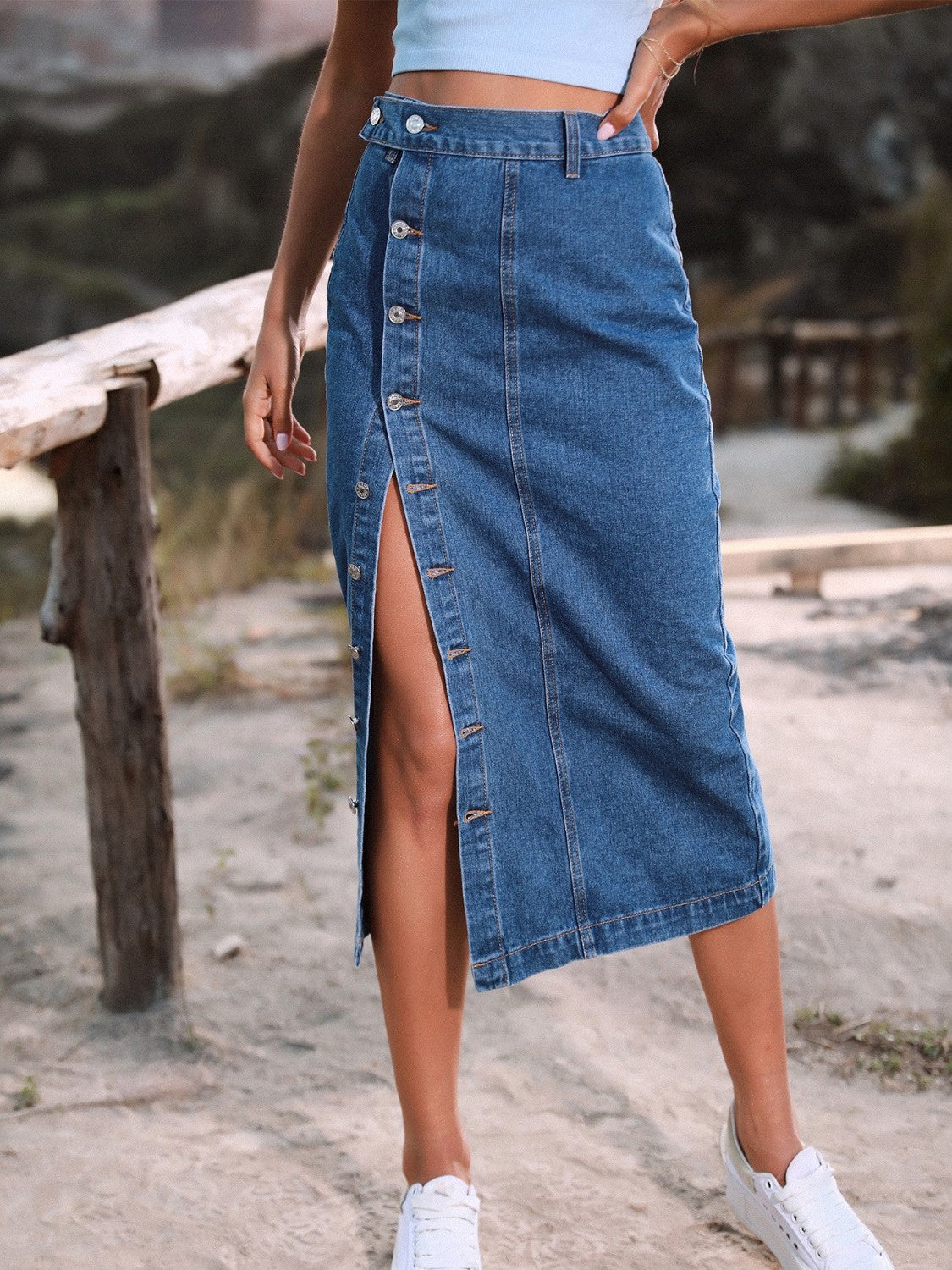 Get trendy with Button Down Denim Skirt - Skirts available at Styles Code. Grab yours today!