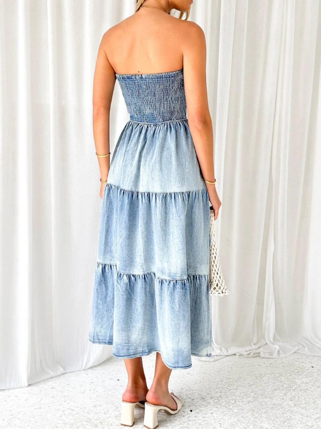 Get trendy with Slit Smocked Tube Tiered Denim Dress - Denim Dress available at Styles Code. Grab yours today!