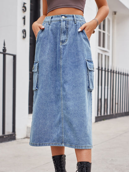 Get trendy with Slit Buttoned Denim Skirt with Pockets - Skirts available at Styles Code. Grab yours today!