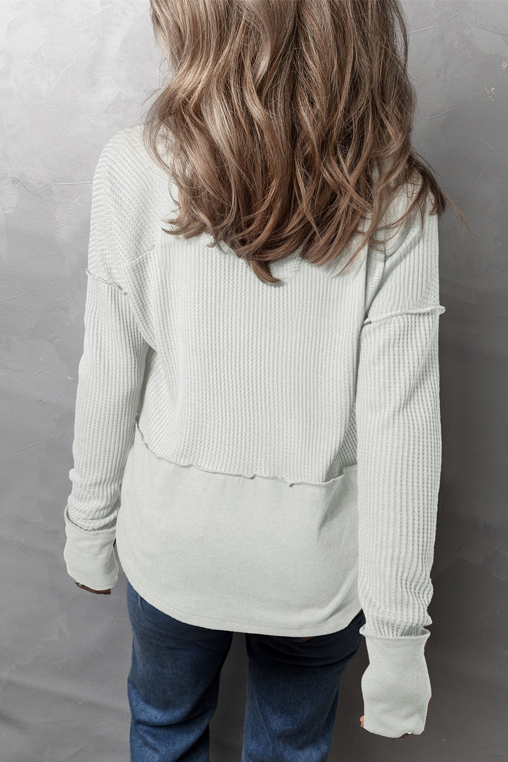 Get trendy with Waffle-Knit Exposed Seam Notched Long Sleeve Top -  available at Styles Code. Grab yours today!