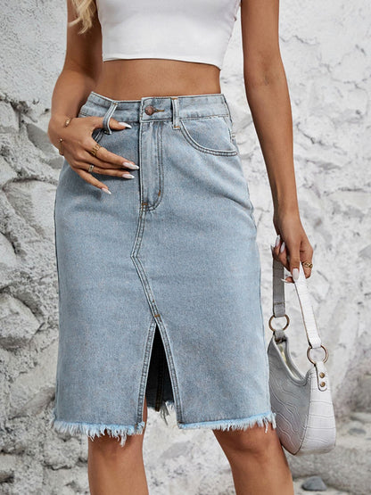 Get trendy with Raw Hem Slit Denim Skirt - Denim Dress available at Styles Code. Grab yours today!