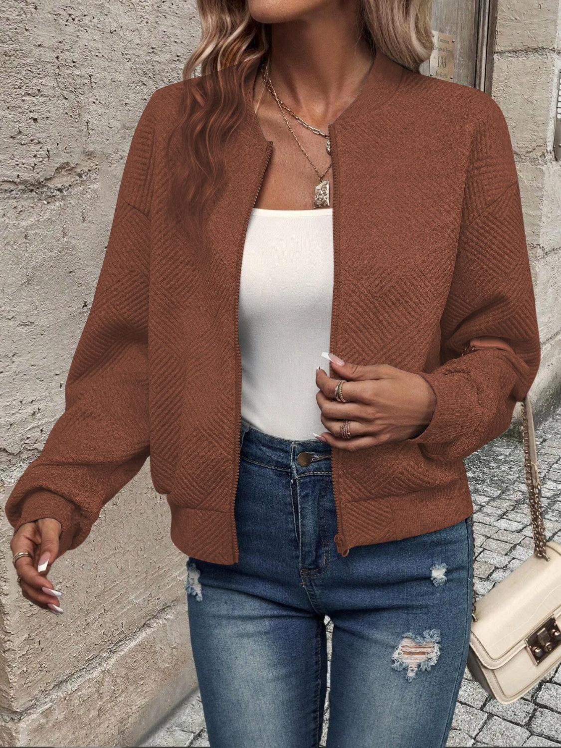 Get trendy with Textured Zip Up Long Sleeve Jacket - Jackets available at Styles Code. Grab yours today!