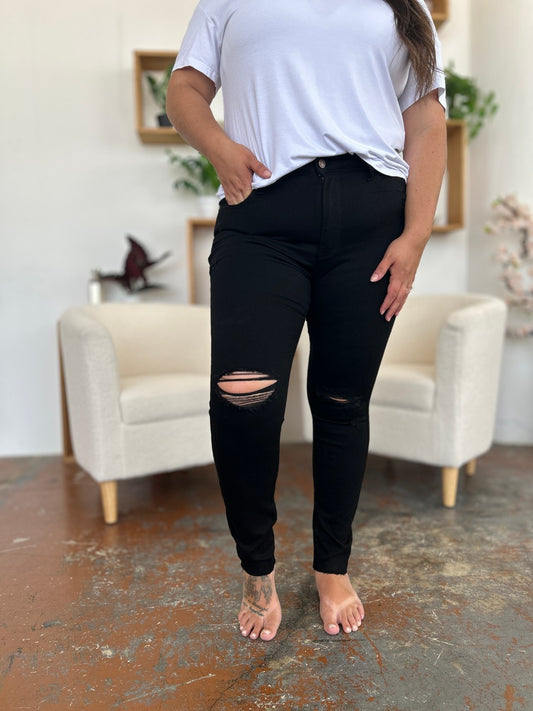 Get trendy with Judy Blue Full Size Distressed Tummy Control High Waist Skinny Jeans - Plus Size available at Styles Code. Grab yours today!