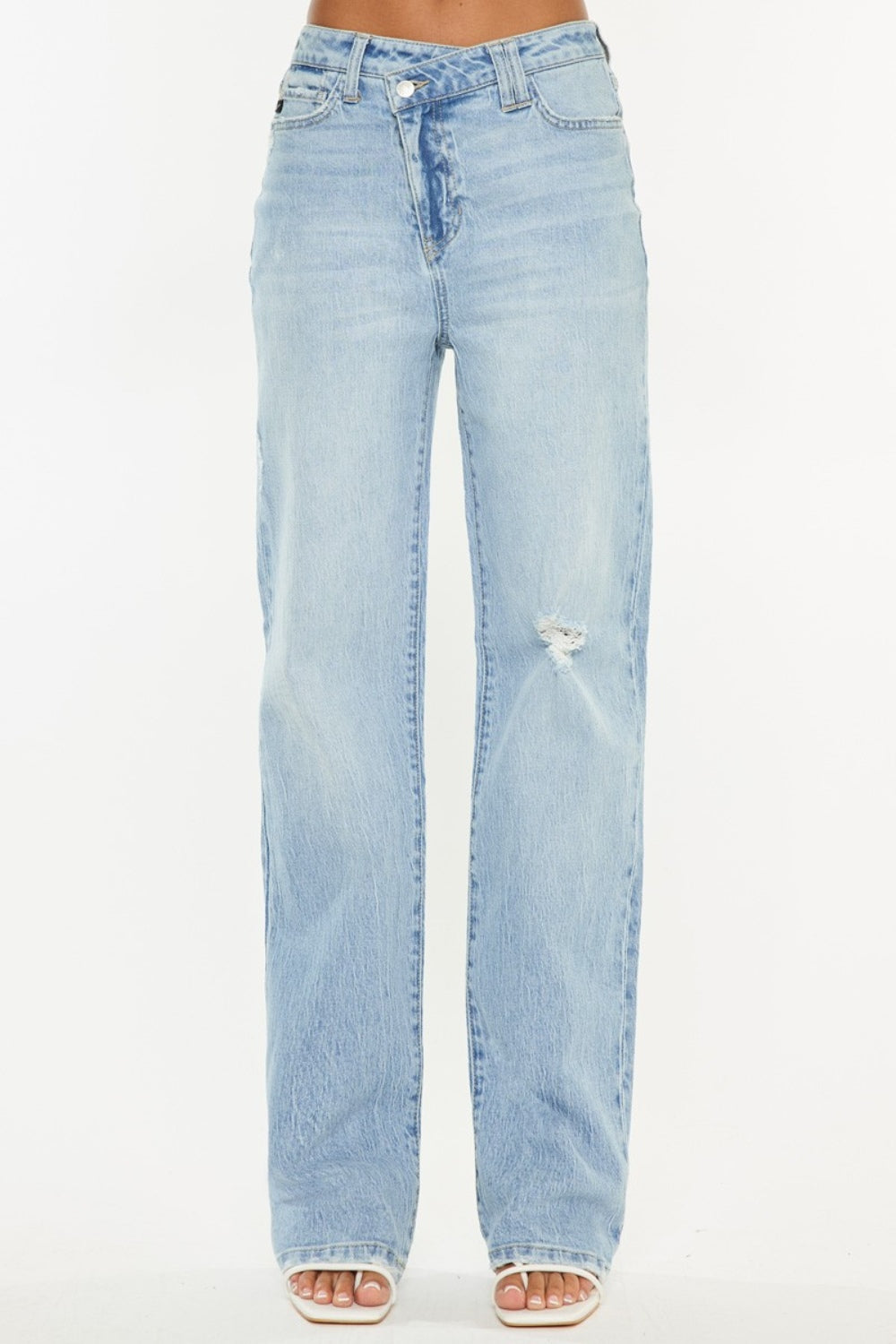 Get trendy with Distressed High Waist Straight Jeans - Jeans available at Styles Code. Grab yours today!