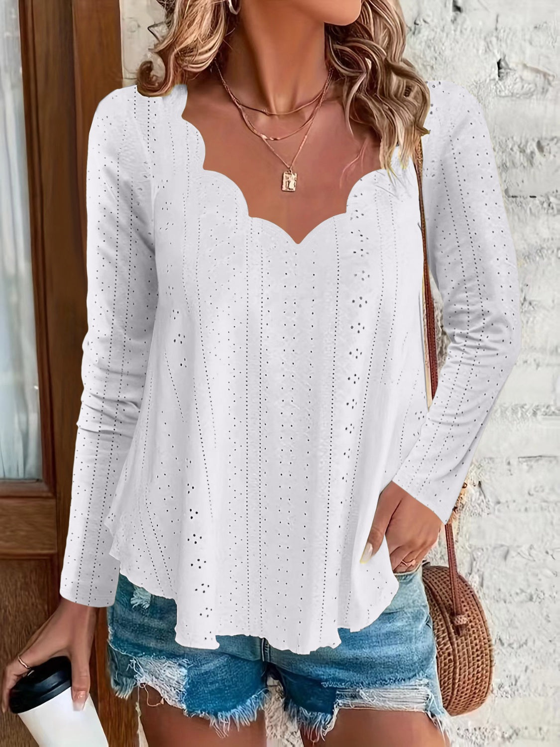 Get trendy with Eyelet Long Sleeve Blouse - Blouse available at Styles Code. Grab yours today!