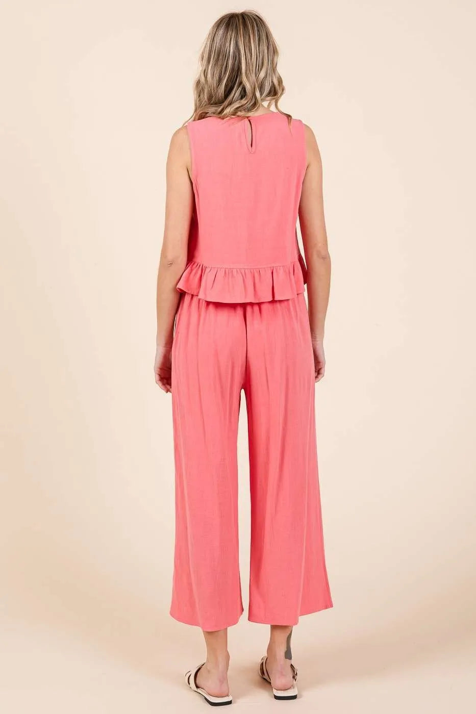 Get trendy with Linen Ruffle Tank Top and Pants Set - Two Piece Sets available at Styles Code. Grab yours today!