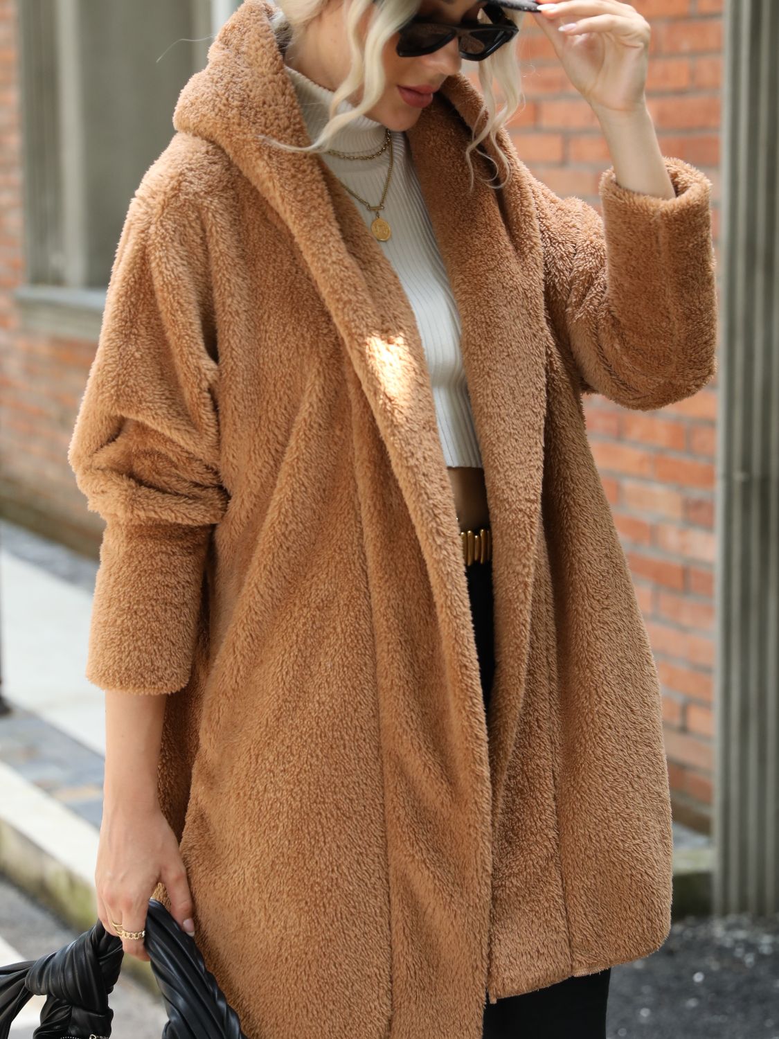 Get trendy with Open Front Hooded Teddy Coat - Coats available at Styles Code. Grab yours today!