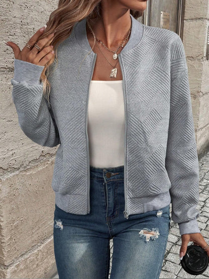 Get trendy with Textured Zip Up Long Sleeve Jacket - Jackets available at Styles Code. Grab yours today!