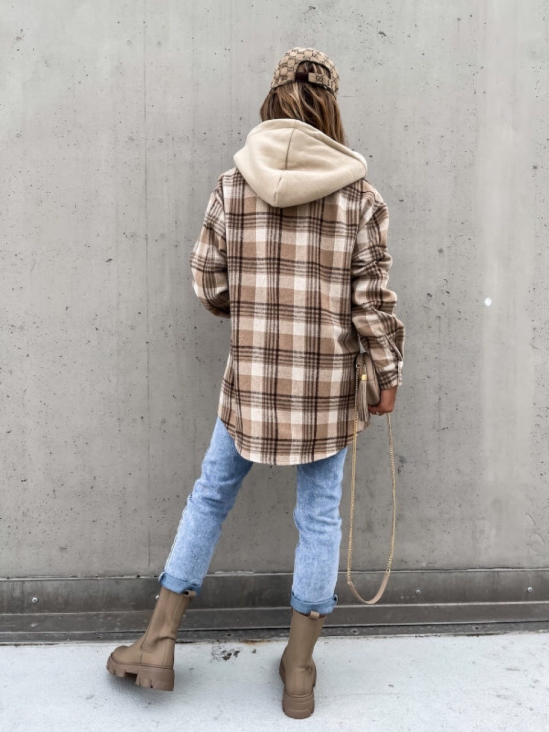 Get trendy with Plaid Dropped Shoulder Hooded Jacket - Jacket available at Styles Code. Grab yours today!