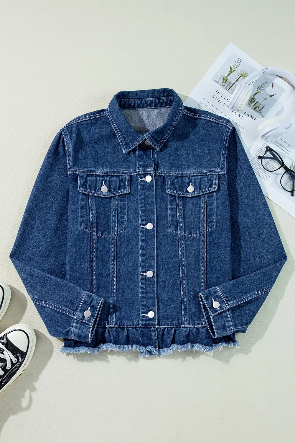 Get trendy with Raw Hem Long Sleeve Denim Jacket - Denim Jacket available at Styles Code. Grab yours today!