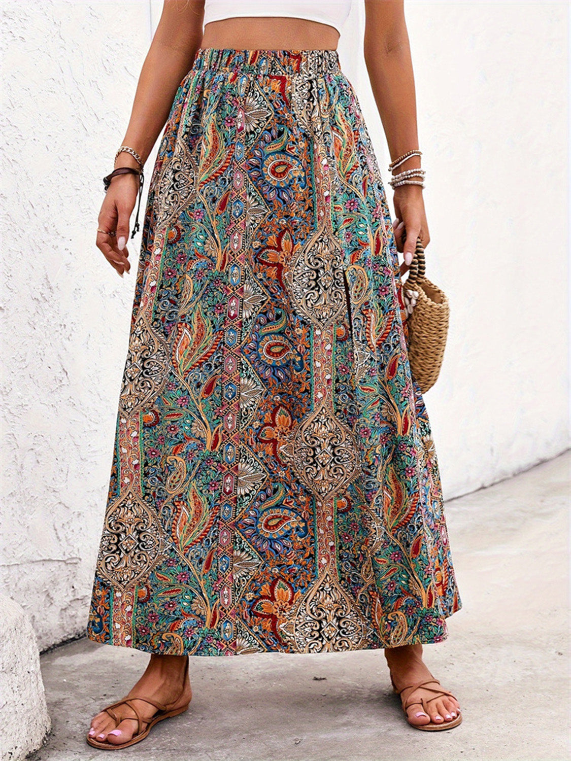 Get trendy with Slit Printed Elastic Waist Skirt - Skirts available at Styles Code. Grab yours today!