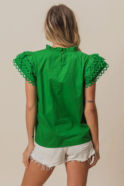 Get trendy with Woven Circle Trim Ruffle Top - Top available at Styles Code. Grab yours today!