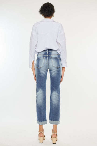 Get trendy with High Rise Cuffed Straight Jeans - Jeans available at Styles Code. Grab yours today!