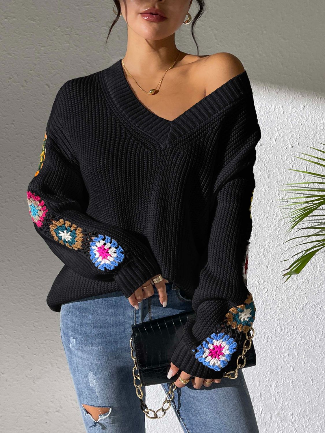 Get trendy with Crochet Flower V-Neck Sweater -  available at Styles Code. Grab yours today!