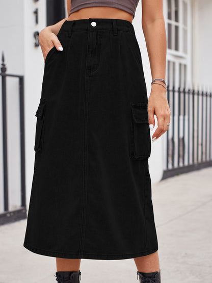 Get trendy with Slit Buttoned Denim Skirt with Pockets - Skirts available at Styles Code. Grab yours today!