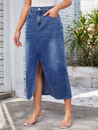 Get trendy with Slit Midi Denim Skirt with Pockets - Denim Dress available at Styles Code. Grab yours today!