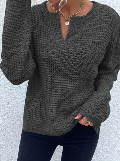 Get trendy with Notched Long Sleeve Sweater - Sweaters available at Styles Code. Grab yours today!