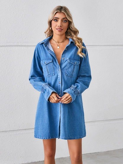 Get trendy with Pocketed Dropped Shoulder Mini Denim Dress - Denim Dress available at Styles Code. Grab yours today!